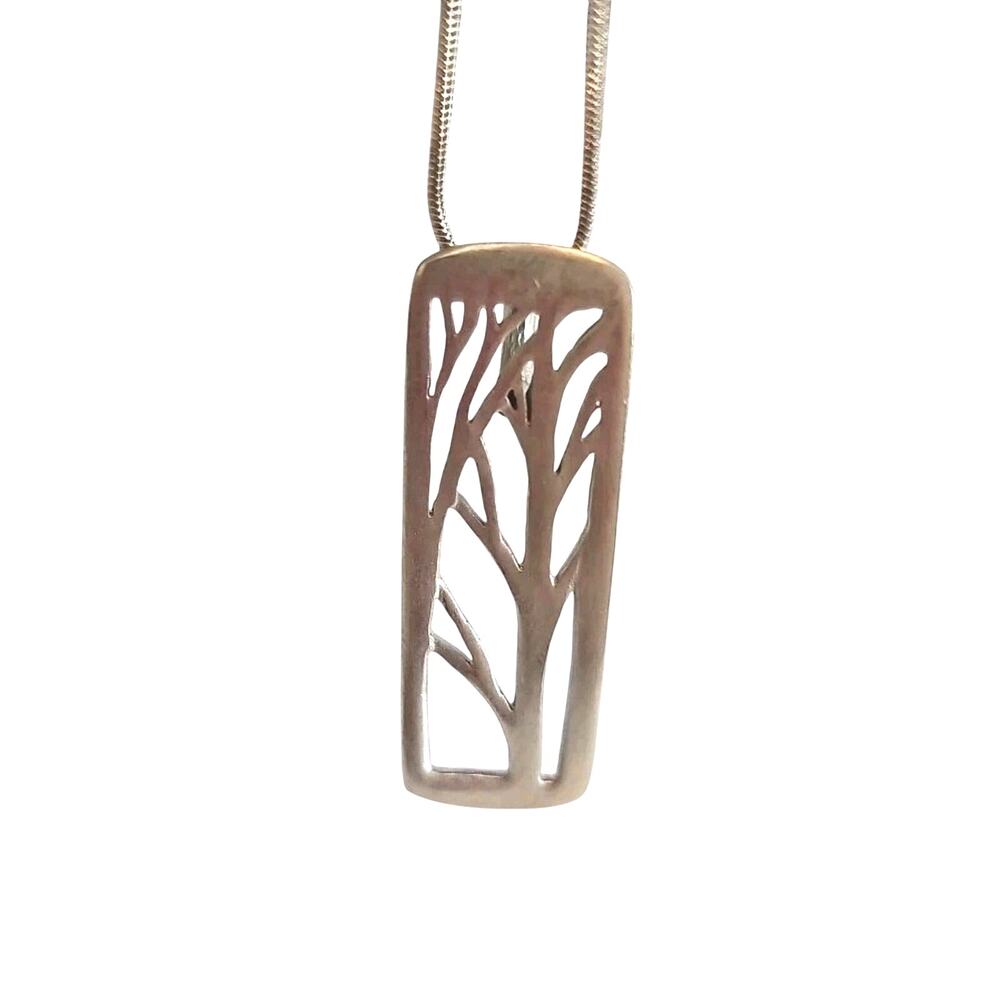 Signed Pewter Tree Of Life Pendant Rectangle Necklace With Chain